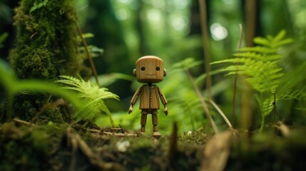Obraz premium A wooden toy standing in the middle of a forest.