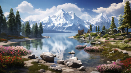 beautiful landscape with lake and mountains