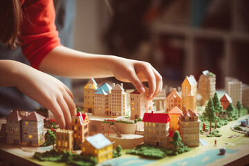 Closeup of child's hands arranging miniature town model with detailed buildings and trees