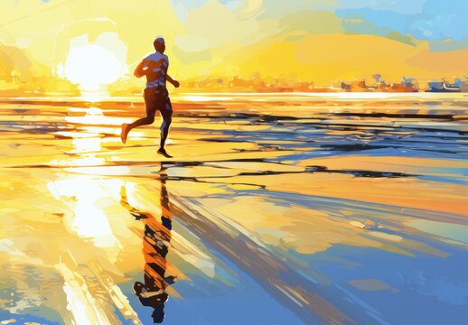 A young guy takes a jog along the coast at sunset. A man goes in for sports in nature. Healthy lifestyle. Illustration for cover, card, postcard, interior design, poster, brochure or presentation.