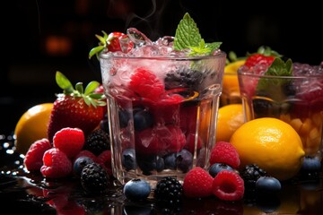 A colorful fruit smoothie being prepared with a burst of fresh ingredients.