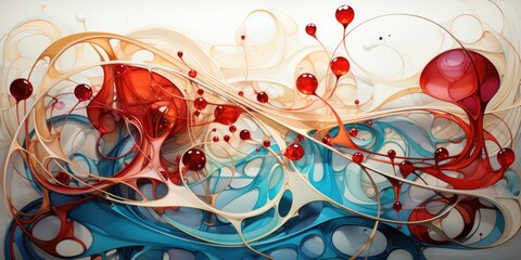 A painting of red and blue swirls and hearts. AI image.