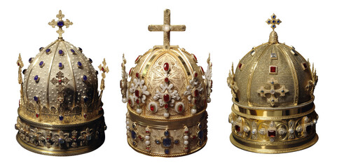 Papal tiara - Catholic and orthodox sacred crown. premium pen tool PNG transparent background cutout.  - obrazy, fototapety, plakaty