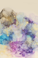 Art Abstract watercolor painting smoke blots. Beige, blue and gold background. Marble texture. Alcohol ink.