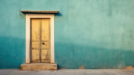 The dilapidated wall of the building and the wooden door require major repairs. Facade of a house with damaged plaster. Photophone for retro shooting. Illustration for cover, card, interior design.