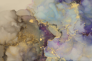 Art Abstract watercolor painting smoke blots. Beige, blue and gold background. Marble texture. Alcohol ink.