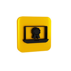 Black Online education with diploma icon isolated on transparent background. Diploma online at home. Webinar and video seminar learning. Yellow square button.