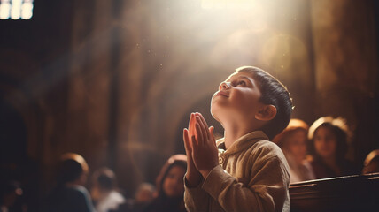 portrait of little boy with a prayer in the hands - obrazy, fototapety, plakaty