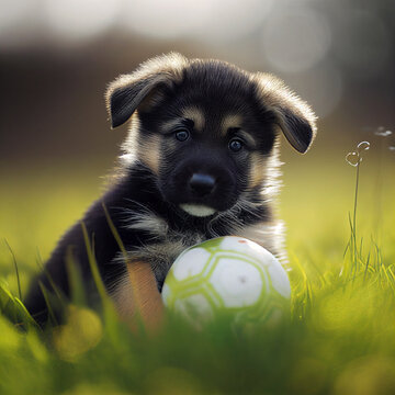 AI Generated Illustration Of An Adorable Pup With A White Ball In A Lush Green Backyard