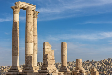 The Roman Temple of Hercules with Amman in the background. Amman Citadel, Jordan. Horizontally. 