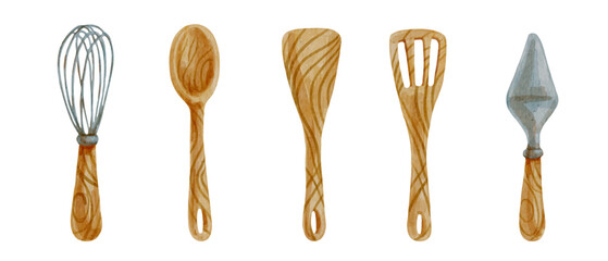 Set of kitchen utensils, spoons, pastry spatulas, whisk. Vector graphics.
