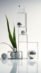 A vase with rocks and a plant in it. Surreal abstract composition.