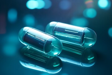 blue pills in a glass. 3d render of pills in the glass, science and health concept - obrazy, fototapety, plakaty