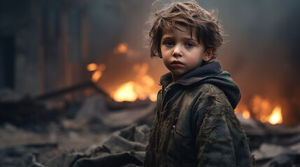 Innocent boy in destroyed city.