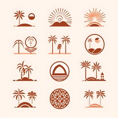 set of icons, palms, sun, beach