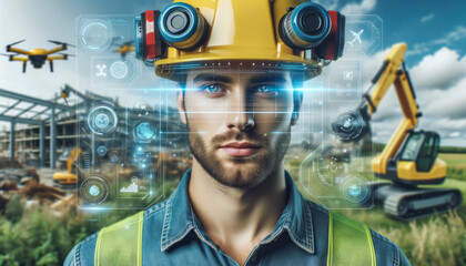 Construction worker with advanced wearable tech helmet with holographic interface amidst drones, machinery, and construction site