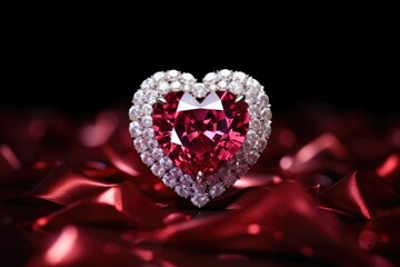 A red heart shaped diamond surrounded by pearls.