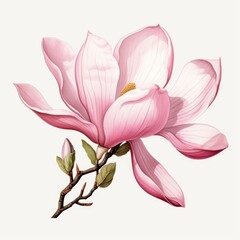A painting of a pink flower on a branch. Magnolia flowers.
