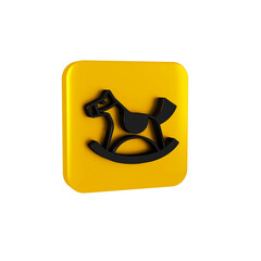Black Wooden horse in saddle swing for little children icon isolated on transparent background. Yellow square button.