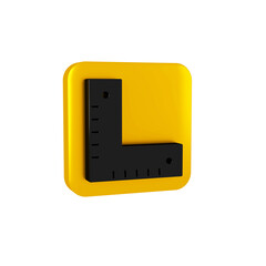 Black Corner ruler icon isolated on transparent background. Setsquare, angle ruler, carpentry, measuring utensil, scale. Yellow square button.