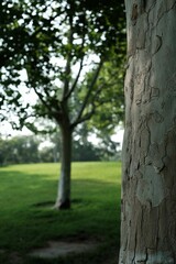 Fototapeta premium Vertical shot of a picturesque outdoor scene featuring a large tree trunk in a lush green field