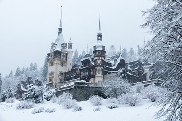 Peles Castle in Romania in winter.