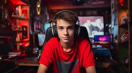 Caucasian steamer gamer boy review top 10 online esport game live and share on his channel in playing room - obrazy, fototapety, plakaty