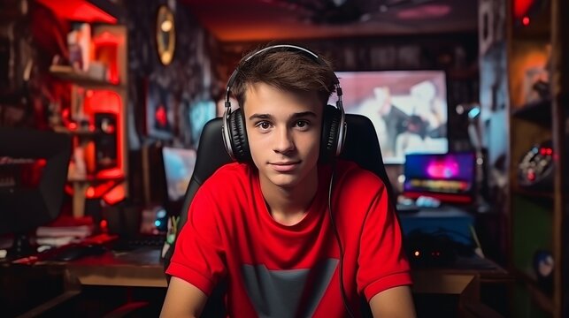 Caucasian steamer gamer boy review top 10 online esport game live and share on his channel in playing room