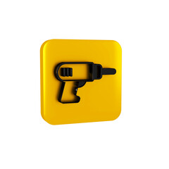 Black Electric drill machine icon isolated on transparent background. Repair tool. Yellow square button.