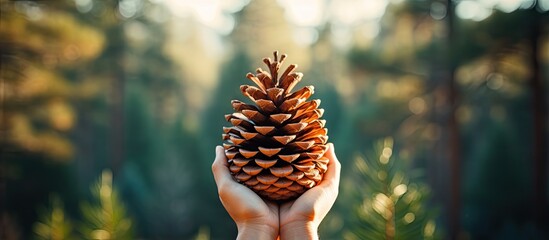 Holding a pine cone surrounded by a serene natural setting Mystical botanical symbol of interconnectedness The idea of exploring and harmonizing with the natural world - obrazy, fototapety, plakaty