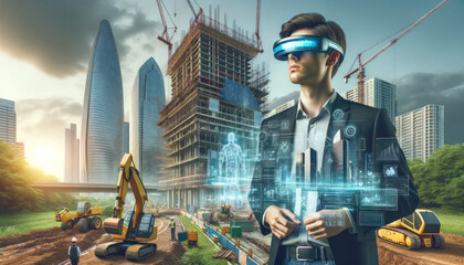Architect with AR headset overseeing urban construction site, interacting with holographic blueprints and futuristic interfaces