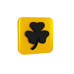 Black Clover trefoil leaf icon isolated on transparent background. Happy Saint Patricks day. National Irish holiday. Yellow square button.