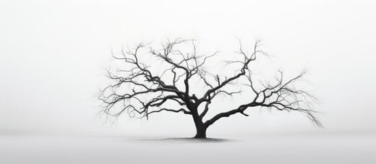 A spooky tree devoid of leaves appears eerily unfocused in a grayscale photo