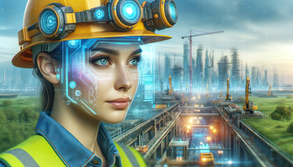 Female engineer with digital interface visor overlooks a futuristic construction site with holographic blueprints - obrazy, fototapety, plakaty