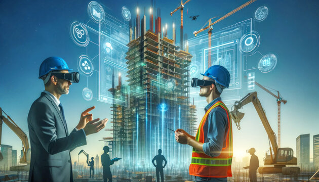 Engineers in AR headsets collaborating on a futuristic construction site with holographic blueprints and digital interfaces