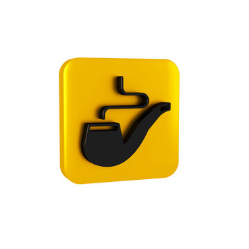Black Smoking pipe with smoke icon isolated on transparent background. Tobacco pipe. Yellow square button.