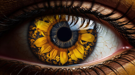 Vision of Nature: Sunflower Reflection in Human Eye Macro Photography
