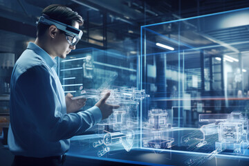 Obraz premium Engineer examining complex 3D holographic blueprints with AR glasses in a futuristic workspace