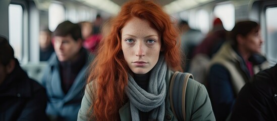 In Germany a woman with fiery red hair is seated on a train in motion glancing directly at the camera