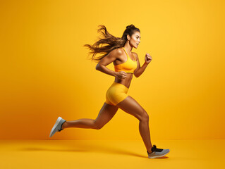 Fototapeta na wymiar Energetic Woman Exercising in a Vibrant Yellow Sports Outfit on a Monochromatic Background