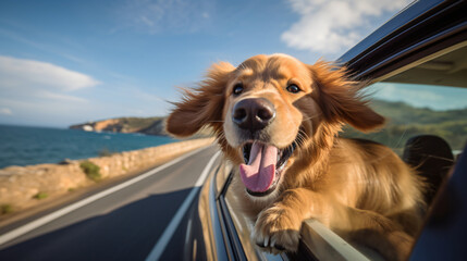 Joyful Golden Retriever Enjoying a Car Ride on a Sunny Coastal Road with Ears Flapping in the Wind