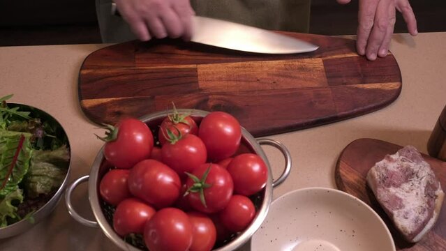 with a knife on the board