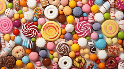 Fototapeta na wymiar A visually pleasing stock image of various colorful candies on a white background. The hyper-realistic, sharp-focus image showcases an assortment of sugary treats, creating a mouthwatering temptation
