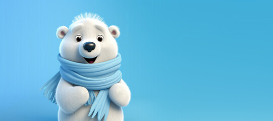 Cute Cartoon Polar Bear Wearing a Blue Scarf on a Blue Background with Space for Copy