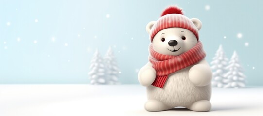 Cute Cartoon Polar Bear Wearing a Red Scarf on a Snowy Background with Space for Copy