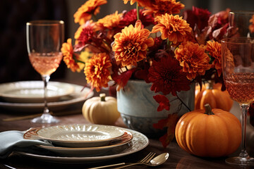 Naklejka na ściany i meble Autumn's touch graces a beautifully set table with fall leaves, napkins, and pumpkins, accompanied by silverware. A Thanksgiving table setting with an arrangement of autumn foliage. Generative Ai.