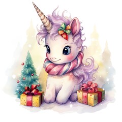 Watercolor merry christmas character Unicorn illustration