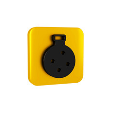 Black Bottle with potion icon isolated on transparent background. Flask with magic potion. Happy Halloween party. Yellow square button.