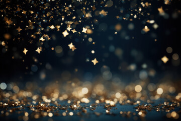 An abstract background shimmers with golden stars, particles, and sparkling effects against a navy...