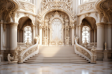 Fototapeta na wymiar An opulent royal palace interior, crafted from fantasy white gold marble, evokes a sense of regality. This conceptual artwork captures the ambiance of a castle's interior. Generative Ai.